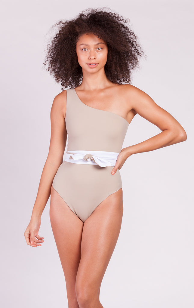 Fari Shoulder One Piece with Sash in White / Taupe